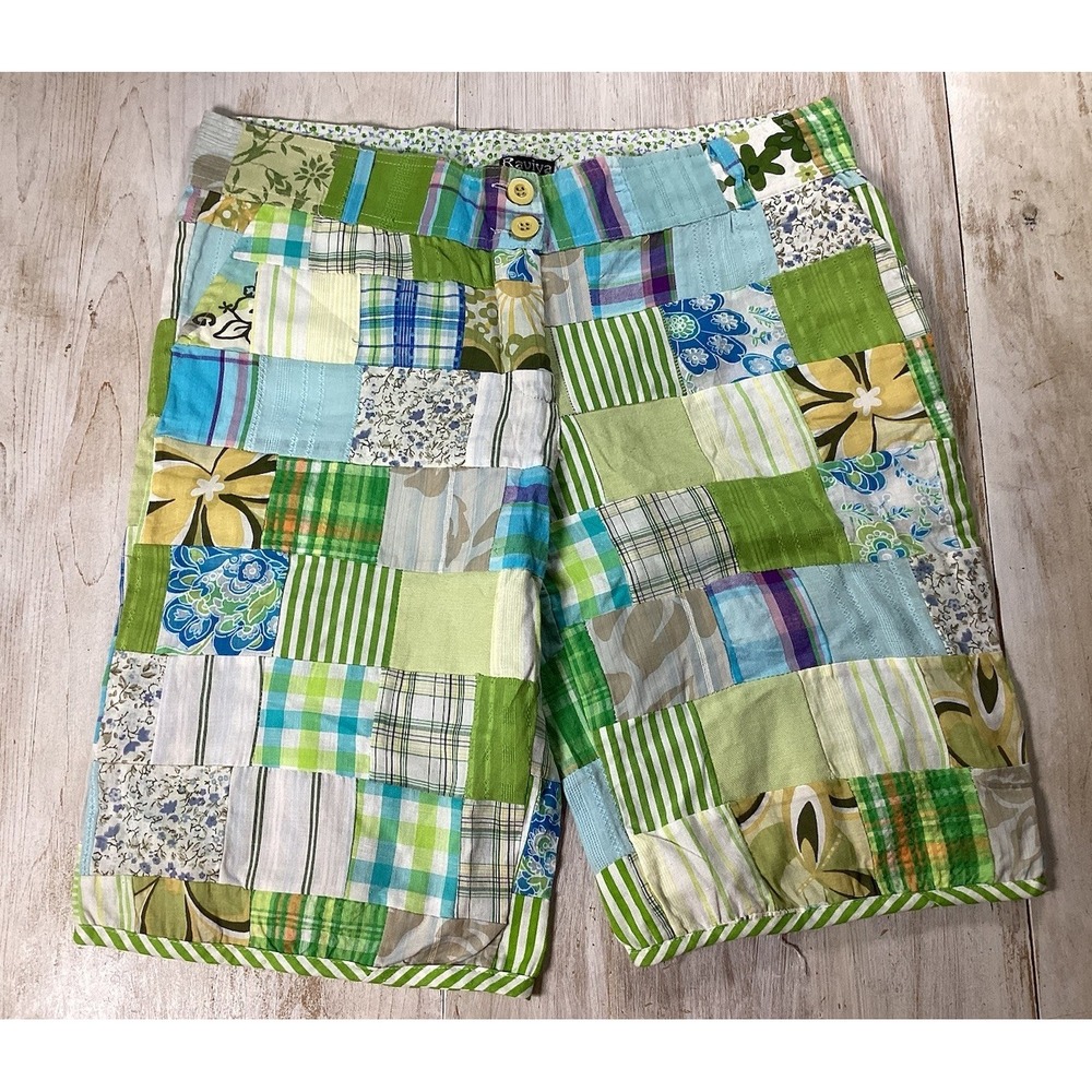 Green Patchwork Shorts Women's Medium Boho Hippie